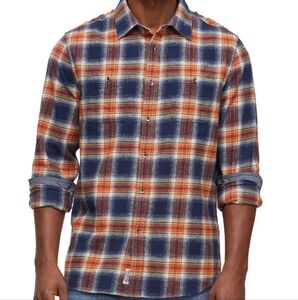 Flag & Anthem Medium Long Sleeve Button Down Plaid Orange Navy Flannel Shirt